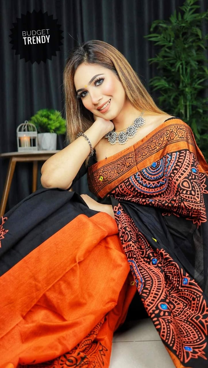হ্যান্ডপ্রিন্ট হাফসিল্ক শাড়ী ছবি 6