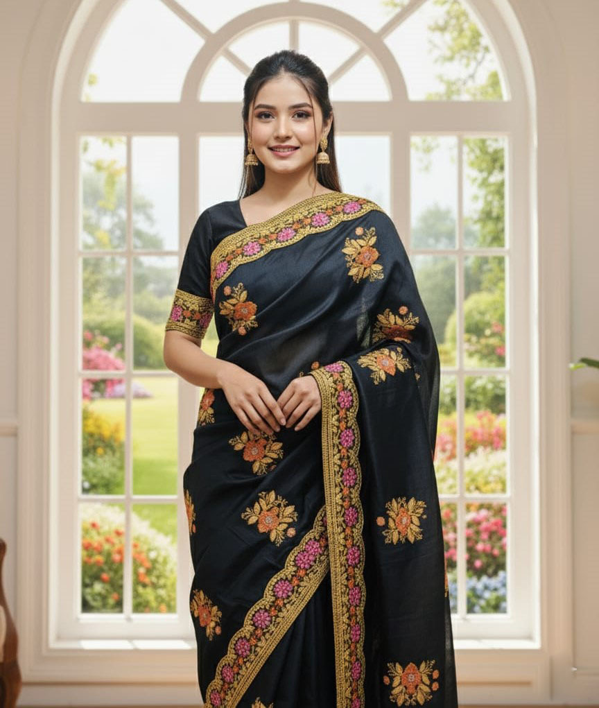 Premium Embroidery Semi Moslin Sharee ছবি 2