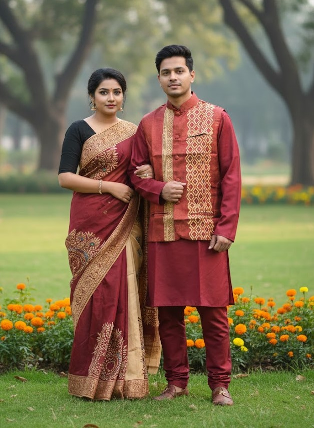 Sharee Panjabi Couple with Koti ছবি 6