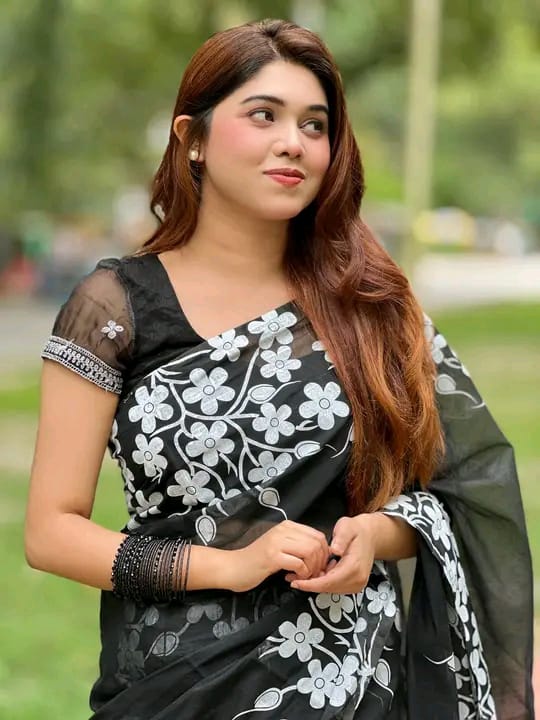 Half silk block print sharee