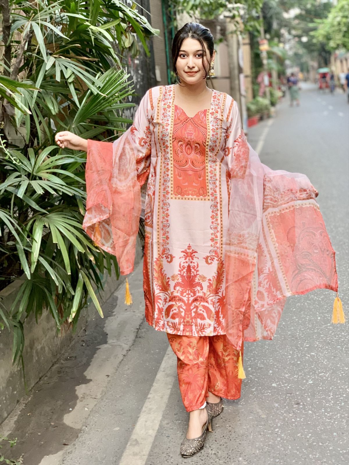 Ready Made Pure dubai silk  Digital  Print Three Piece
