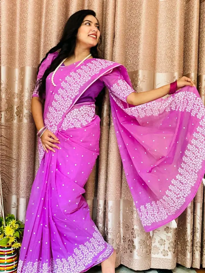 Half silk block print sharee