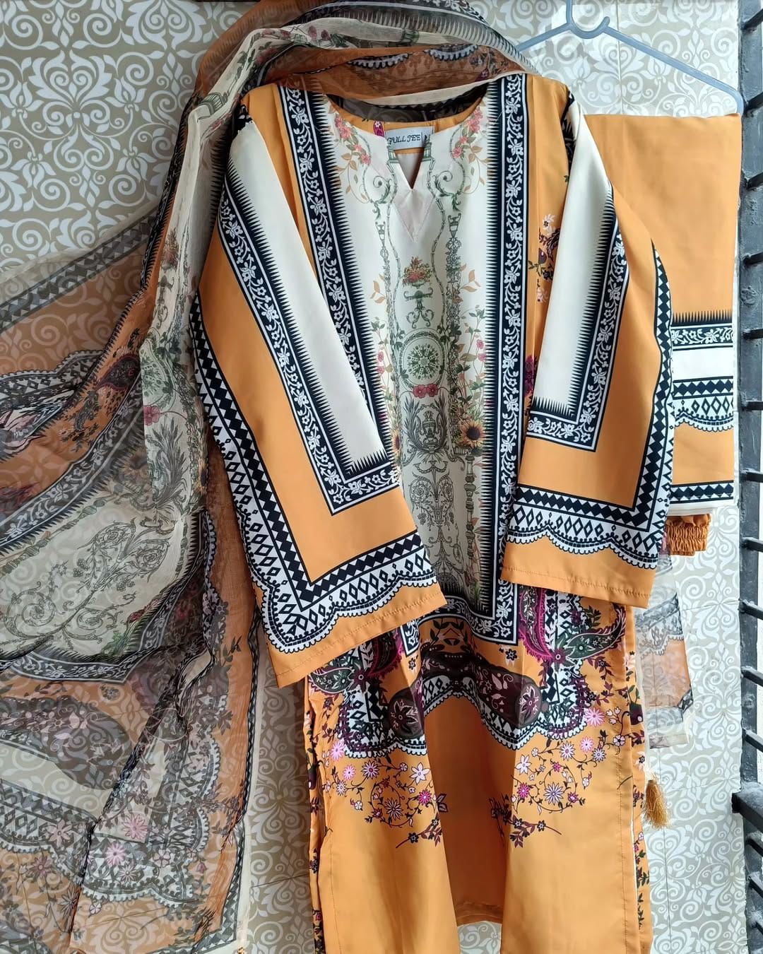 Ready Made Pure dubai silk  Digital  Print Three Piece