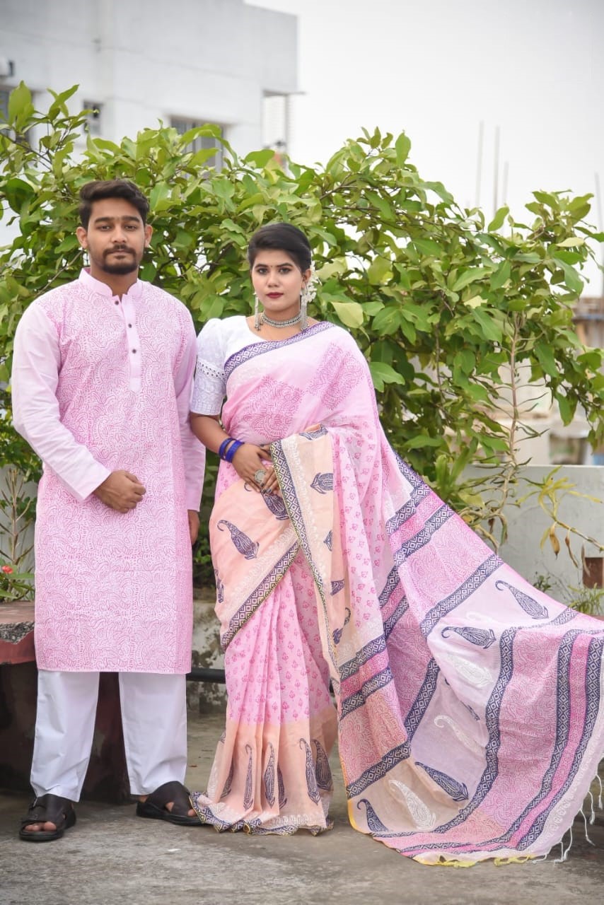 সুতি শাড়ী ও স্লাব কটন পাঞ্জাবিকাপল সেট ছবি 8
