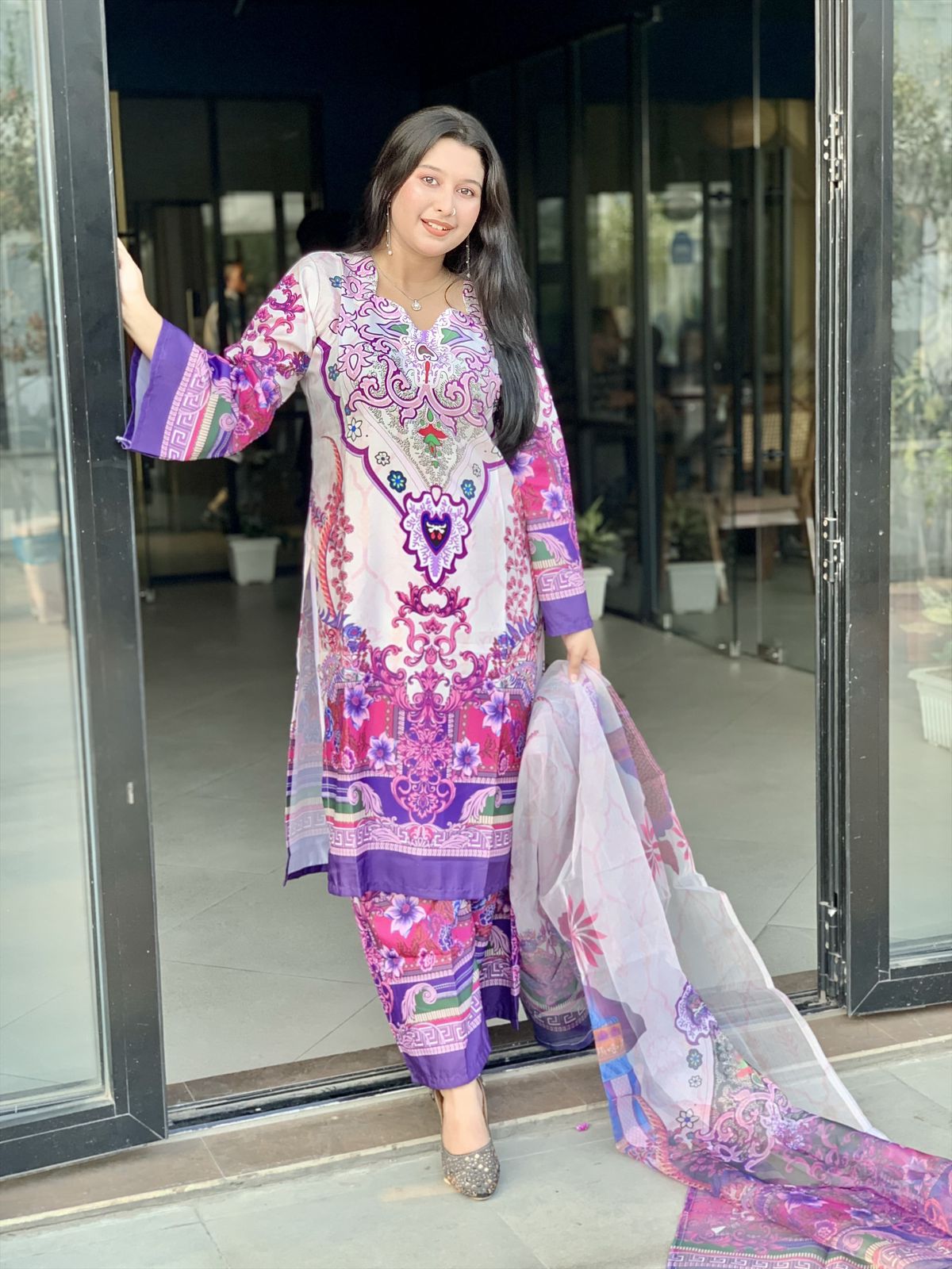 Ready Made Pure dubai silk  Digital  Print Three Piece