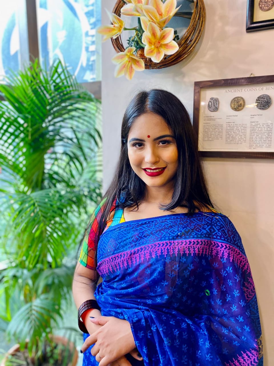 হাফ সিল্ক ব্লক প্রিন্ট শাড়ি ব্লাউজ পিস সহ ছবি 2