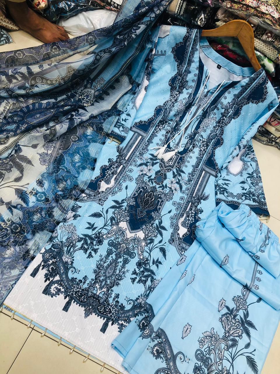 Embroidery Sequence Digital Print Three Piece
