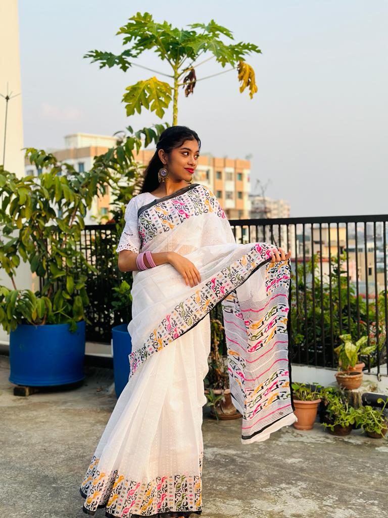 হাফ সিল্ক স্ক্রিন প্রিন্ট শাড়ি