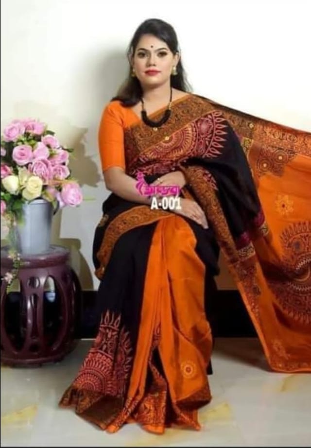হ্যান্ডপ্রিন্ট হাফসিল্ক শাড়ী ছবি 11