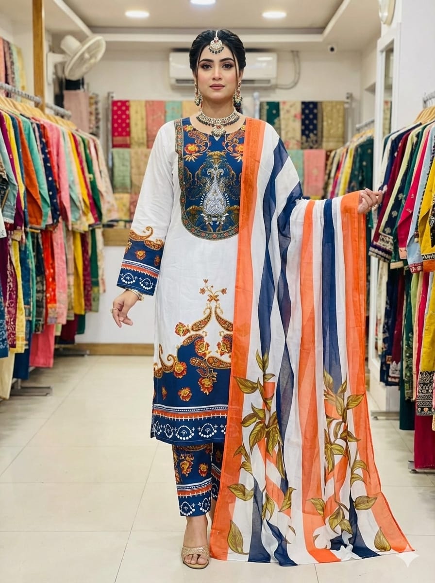 Ready Made Pure dubai silk  Digital  Print Three Piece