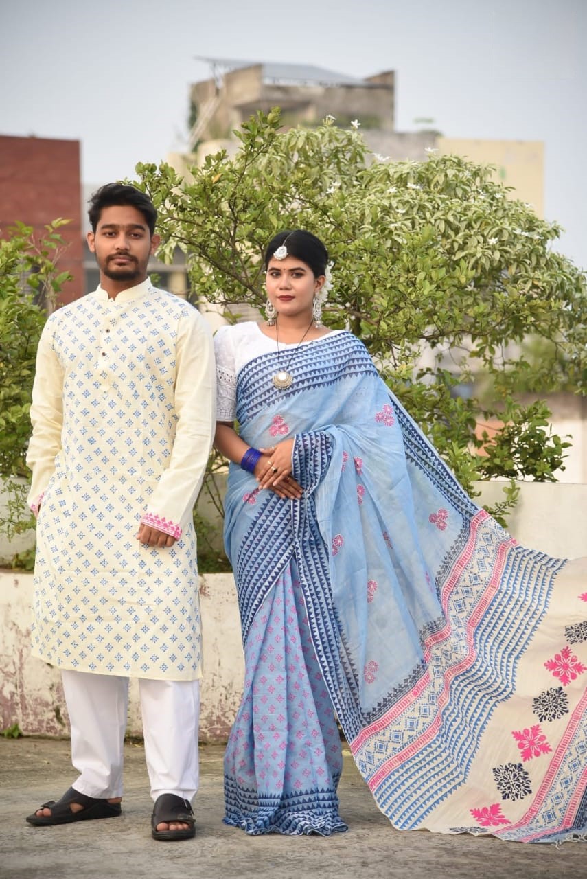 সুতি শাড়ী ও স্লাব কটন পাঞ্জাবিকাপল সেট ছবি 4