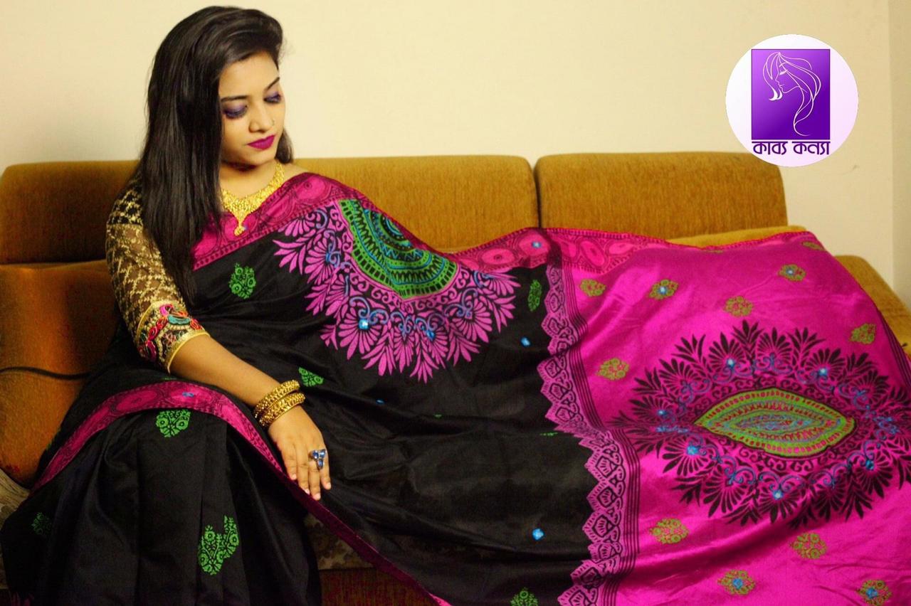 হ্যান্ডপ্রিন্ট হাফসিল্ক শাড়ী ছবি 17