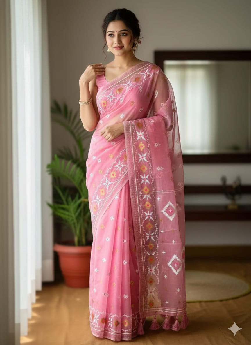 Half Silk Jamdani Print Saree ছবি 2