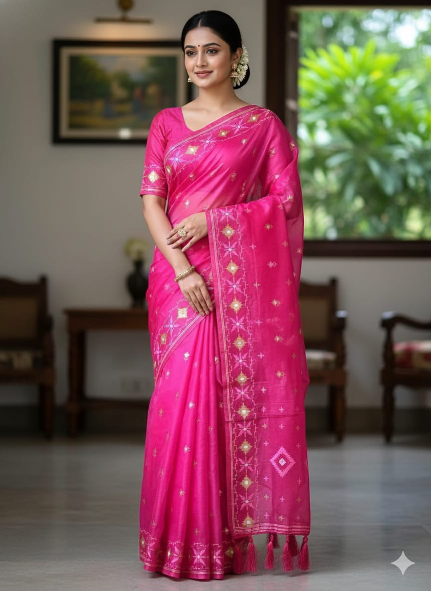 Half Silk Jamdani Print Saree ছবি 5