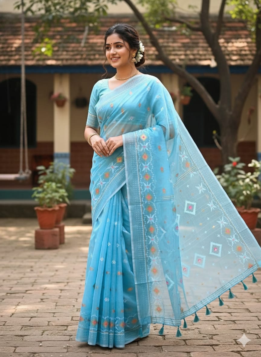 Half Silk Jamdani Print Saree ছবি 4