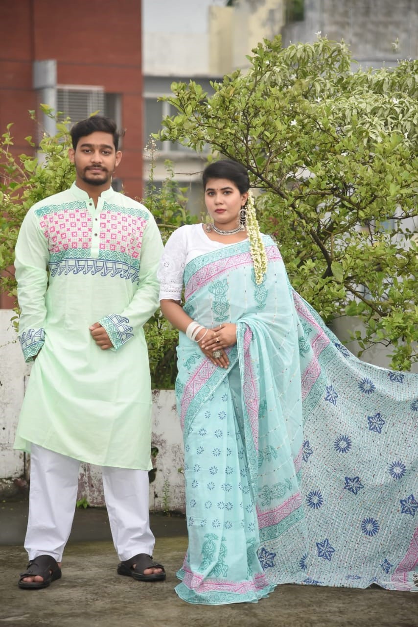 সুতি শাড়ী ও স্লাব কটন পাঞ্জাবিকাপল সেট ছবি 6