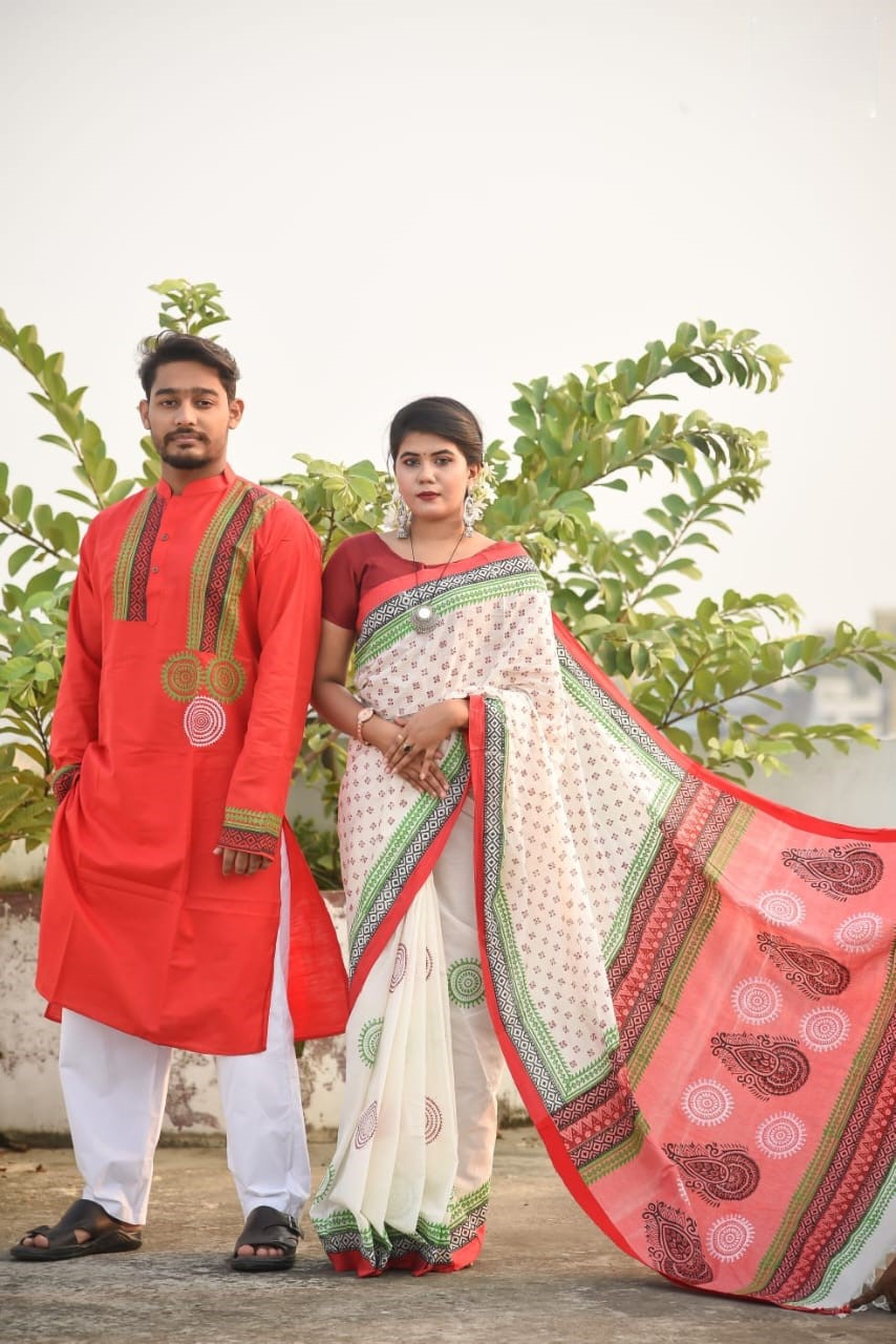 সুতি শাড়ী ও স্লাব কটন পাঞ্জাবিকাপল সেট