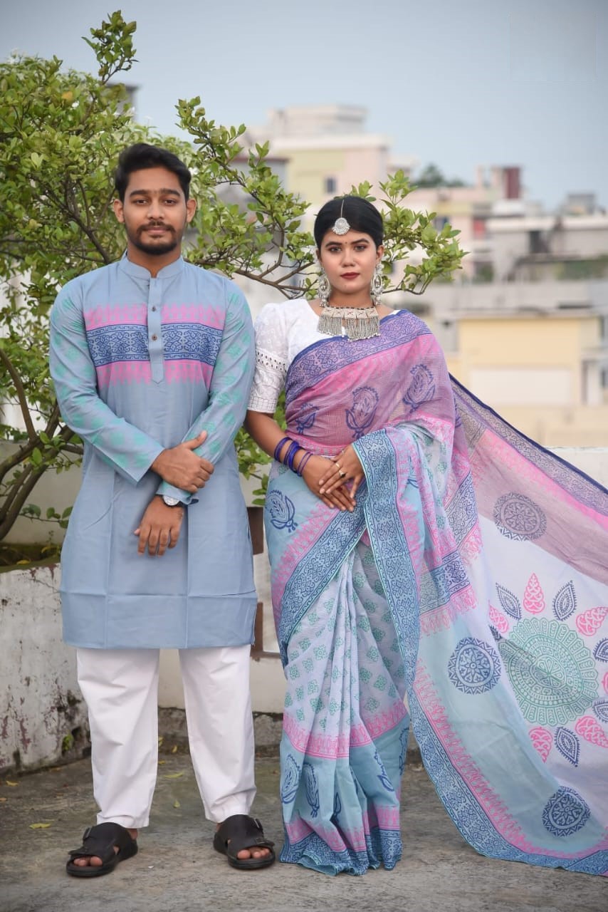 সুতি শাড়ী ও স্লাব কটন পাঞ্জাবিকাপল সেট ছবি 13
