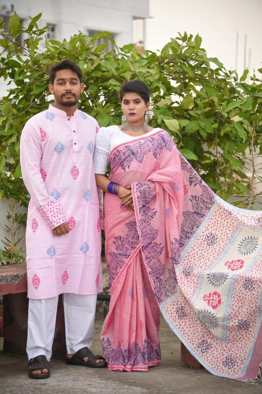সুতি শাড়ী ও স্লাব কটন পাঞ্জাবিকাপল সেট ছবি 10