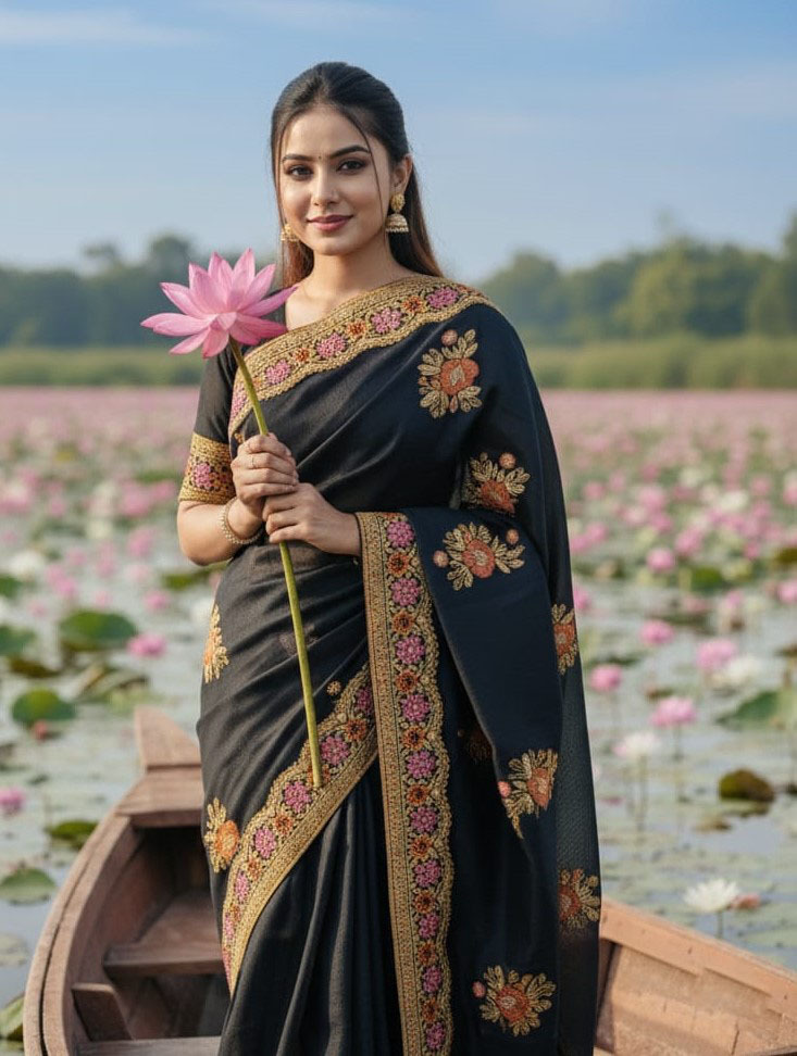 Premium Embroidery Semi Moslin Sharee
