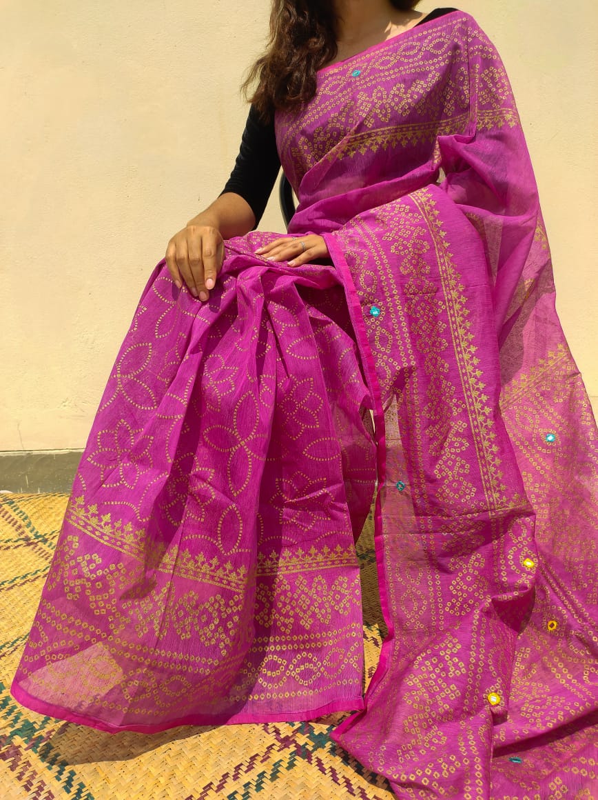 রেশম সিল্ক চুনরি ব্লক প্রিন্ট শাড়ি