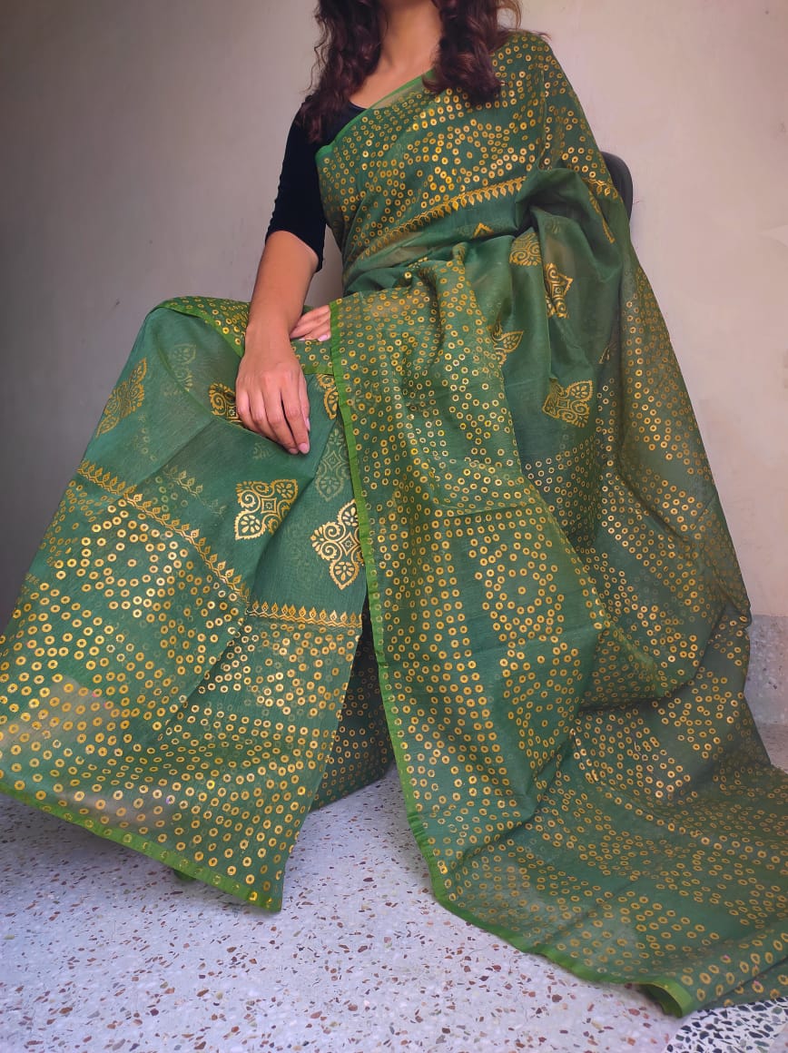 রেশম সিল্ক চুনরি ব্লক প্রিন্ট শাড়ি