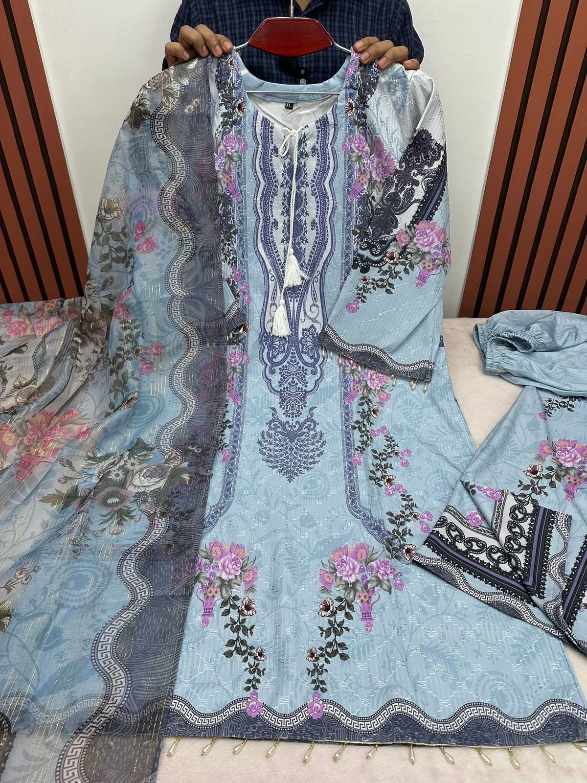 Embroidery Sequence Digital Print Three Piece