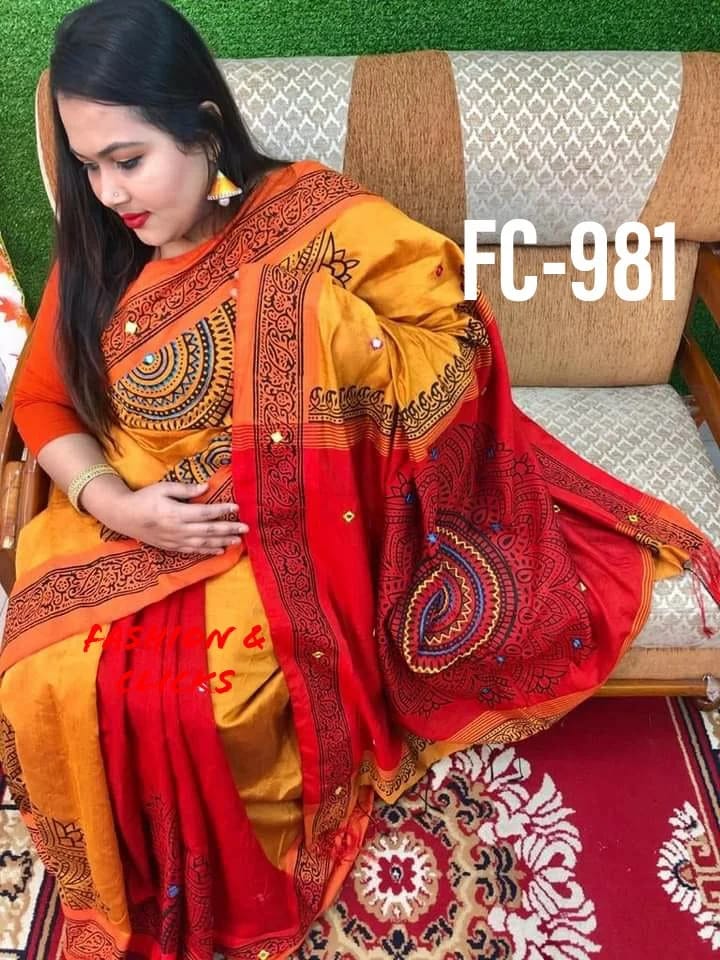 হ্যান্ডপ্রিন্ট হাফসিল্ক শাড়ী ছবি 16