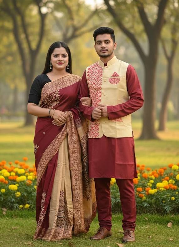 Sharee Panjabi Couple with Koti ছবি 2