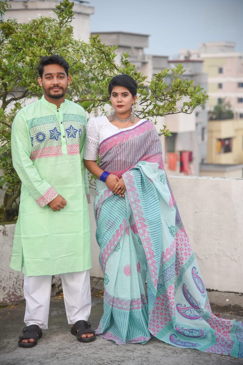 সুতি শাড়ী ও স্লাব কটন পাঞ্জাবিকাপল সেট ছবি 7
