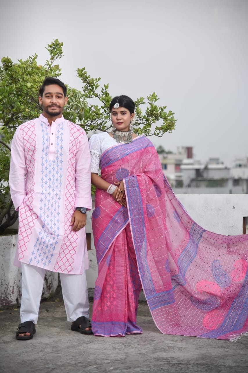 সুতি শাড়ী ও স্লাব কটন পাঞ্জাবিকাপল সেট ছবি 3
