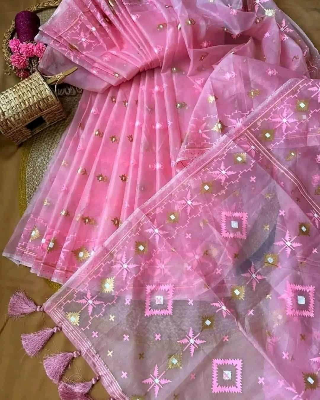 Half Silk Jamdani Print Saree ছবি 9