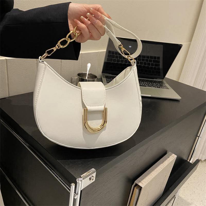 Simple candy color half round zipper+button chain shoulder bag