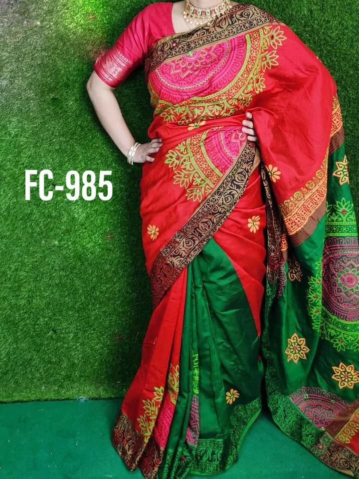 হ্যান্ডপ্রিন্ট হাফসিল্ক শাড়ী ছবি 14