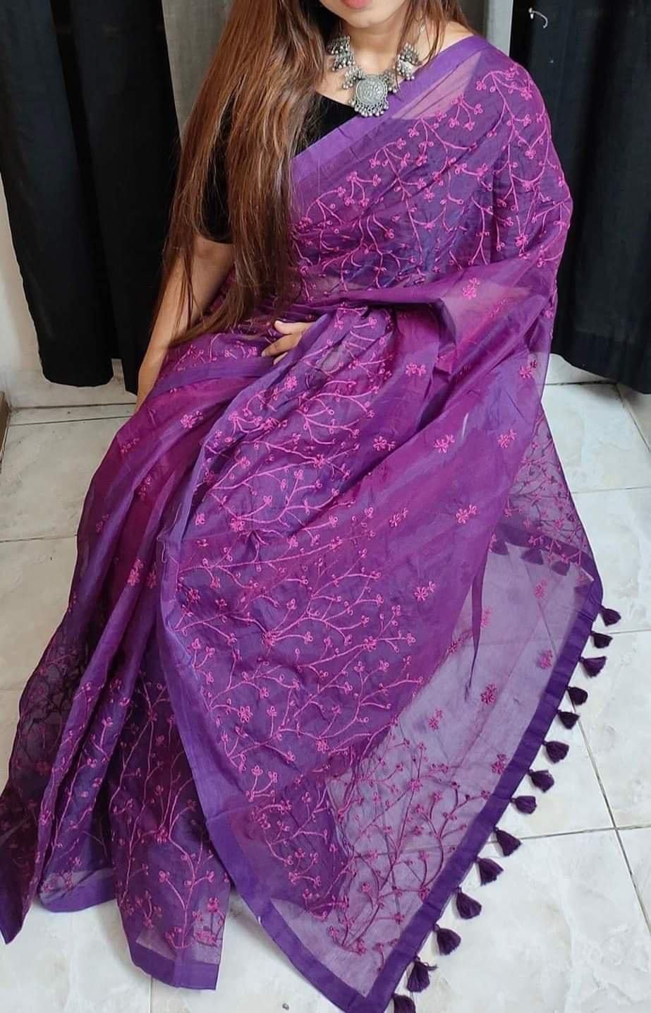 হাফসিল্ক শাড়ীতে এমব্রডারী কাজ করা