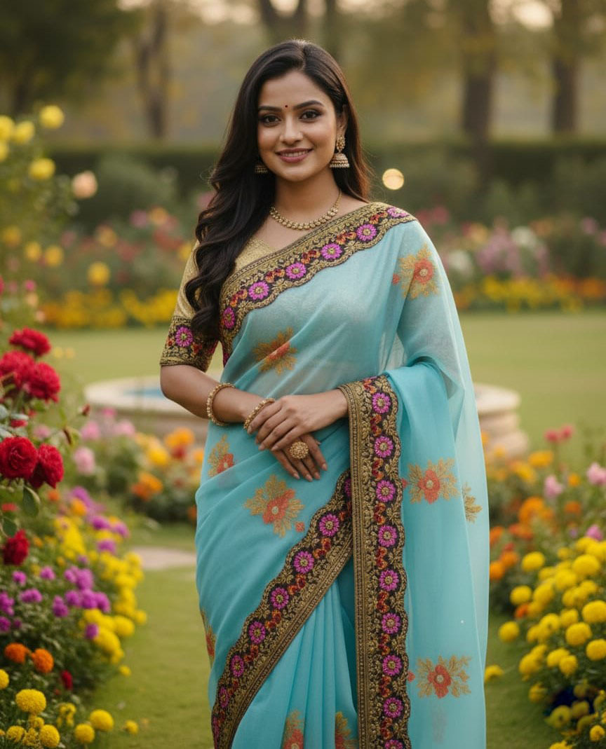 Premium Embroidery Semi Moslin Sharee ছবি 3