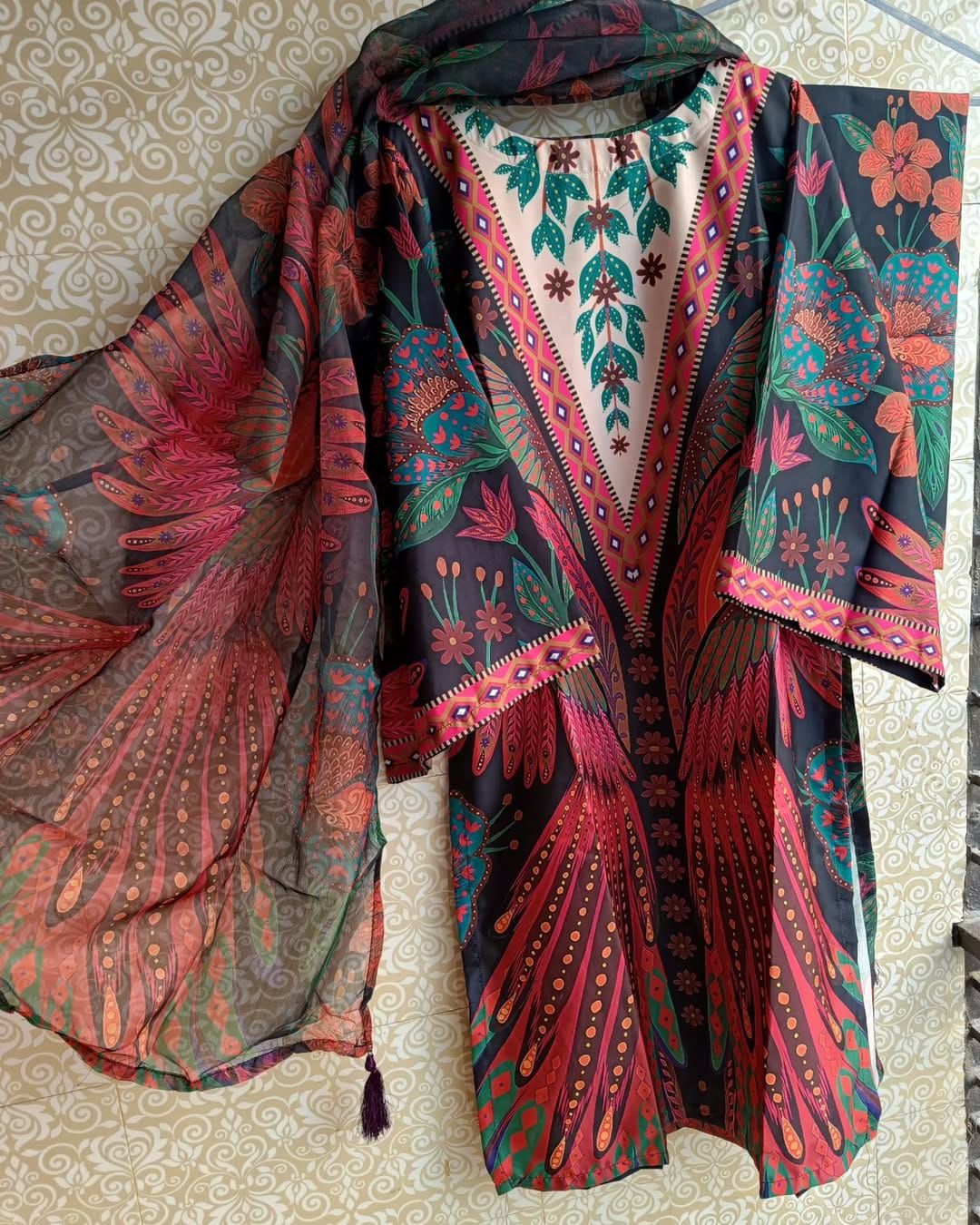 Ready Made Pure dubai silk  Digital  Print Three Piece