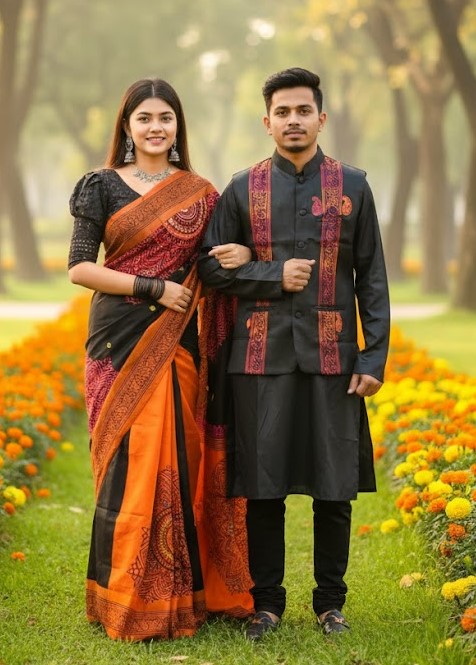 Sharee Panjabi Couple with Koti ছবি 12