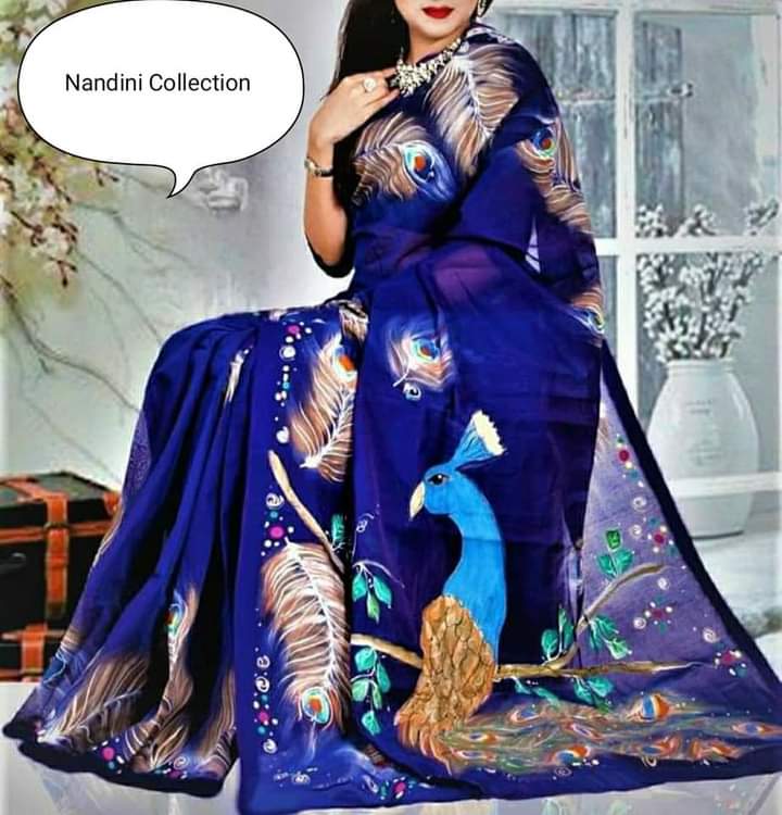 হাফসিল্ক শাড়ীতে  হ্যান্ডপ্রিন্ট তুলির কাজ করা