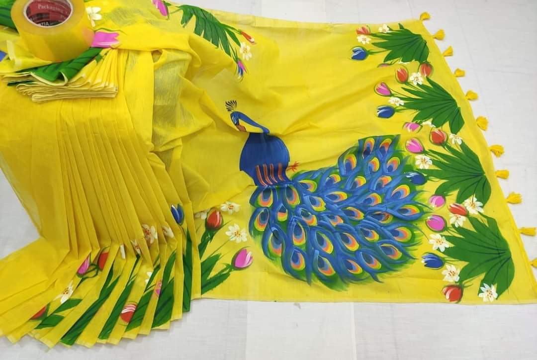 হাফসিল্ক শাড়ীতে  হ্যান্ডপ্রিন্ট তুলির কাজ করা