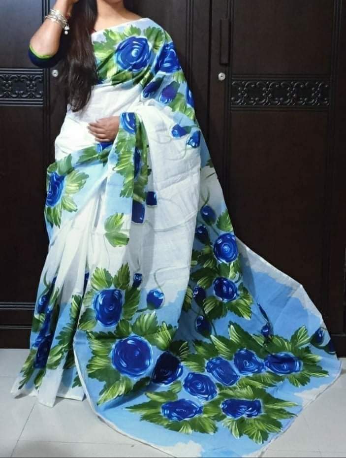 হাফসিল্ক শাড়ীতে হ্যান্ডপ্রিন্ট তুলির কাজ করা ছবি 8