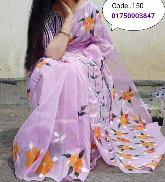 হাফসিল্ক শাড়ীতে  হ্যান্ডপ্রিন্ট তুলির কাজ করা