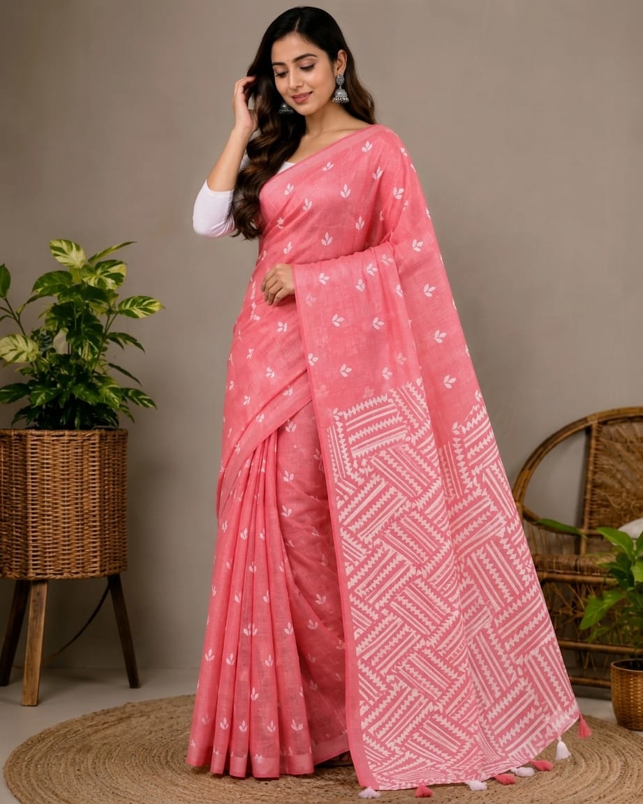 Half Silk Screen Print Saree ছবি 5