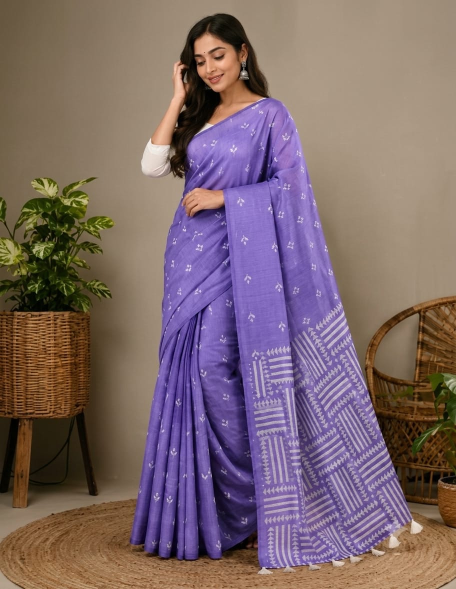 Half Silk Screen Print Saree ছবি 3