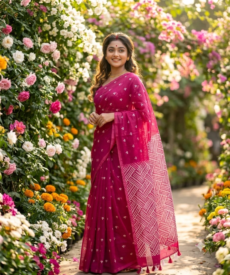 Half Silk Screen Print Saree ছবি 2